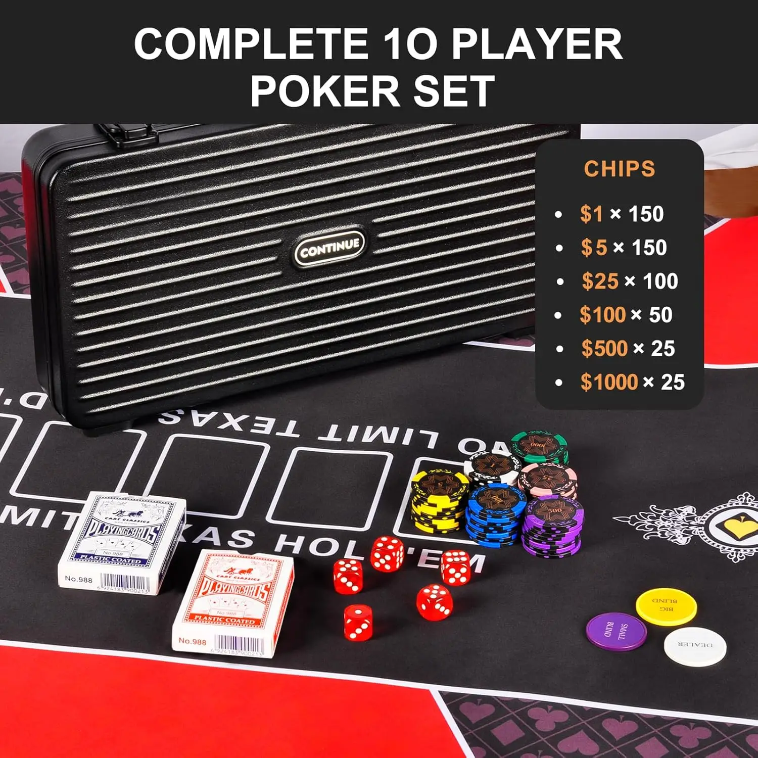 14g Clay Poker Chips Set for Texas Hold’em,Casino Chips Set with 500PCS Numbered Chips,Waterproof Cards,High-end ABS Chip Case w