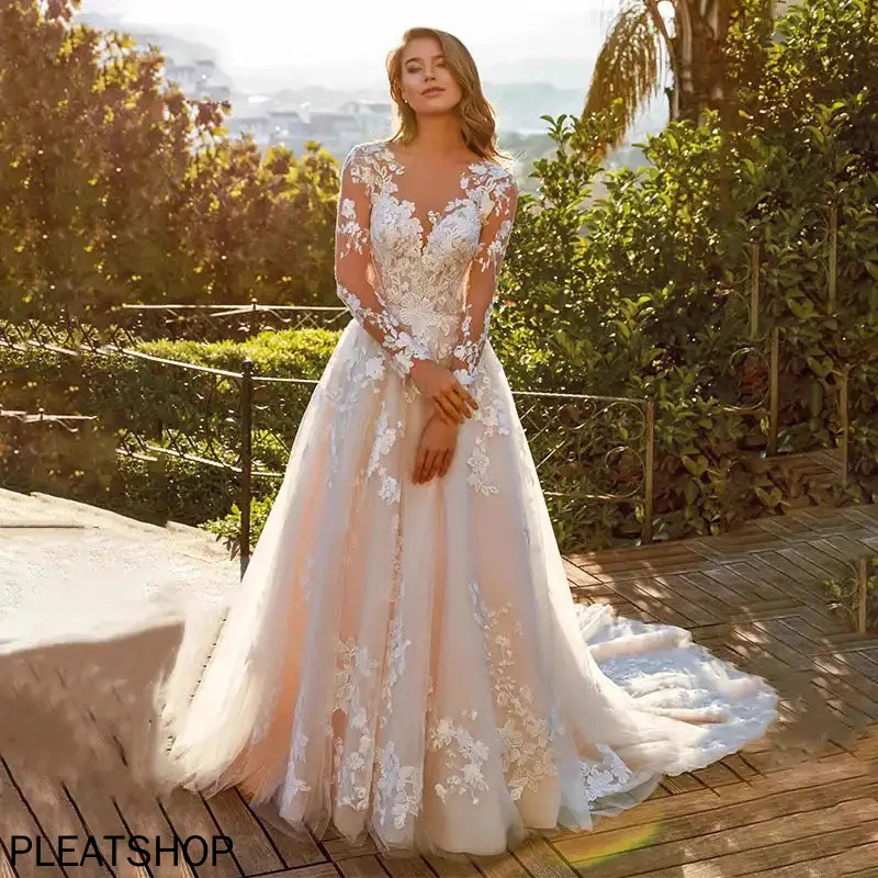 

Elegant Lace A-line Wedding Dress, Full Sleeves, Court Train, O-Neck, Buttons, Bridal Gown, Custom Made