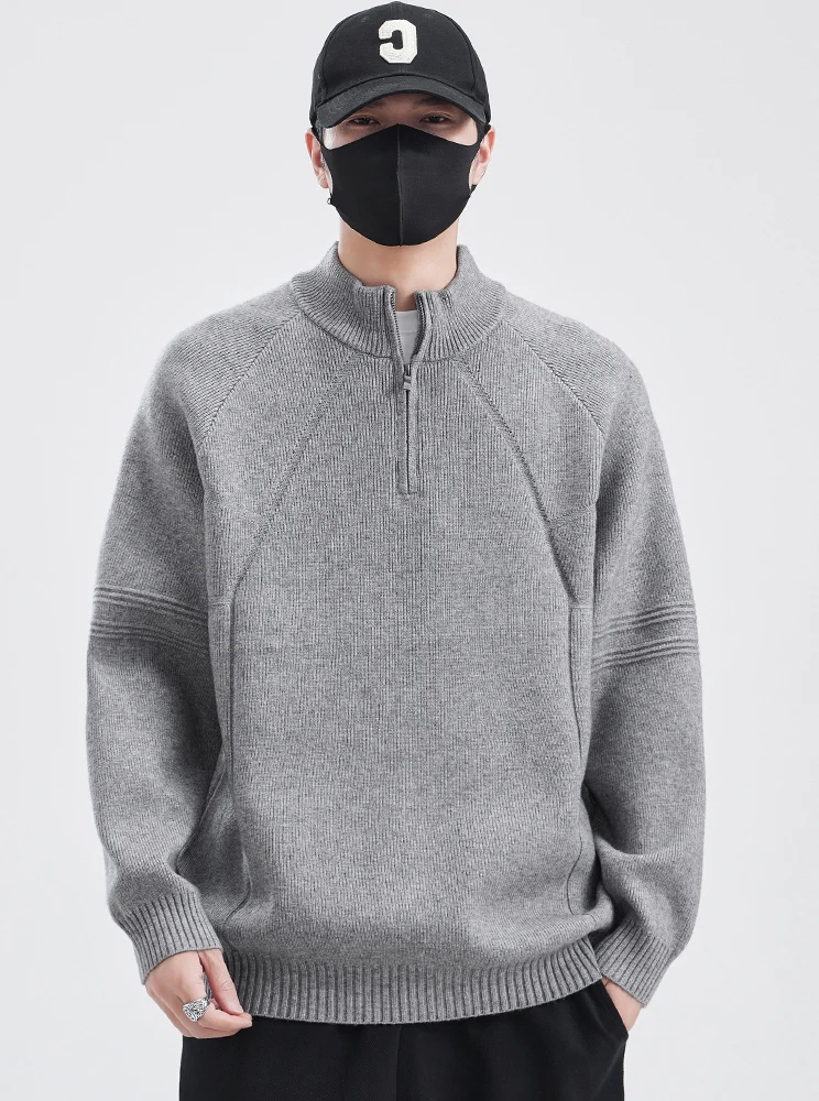 

Мужской свитер свободного кроя на молнии, осенне-зимняя новинка, однотонный вязаный топ с высоким воротником, модная повседневная мужская одежда