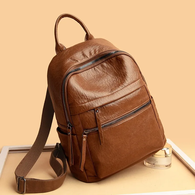 New Fashion Backpack - Grained Leather Retro Rucksack, Soft Large Capacity Student Bag, Trendy Travel
