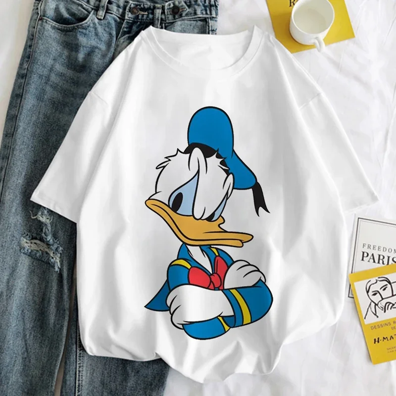 Branco topos pato donald margarida dos desenhos animados impressão camiseta feminina harajuku estética tshirt moda y2k feminino t camisa roupas