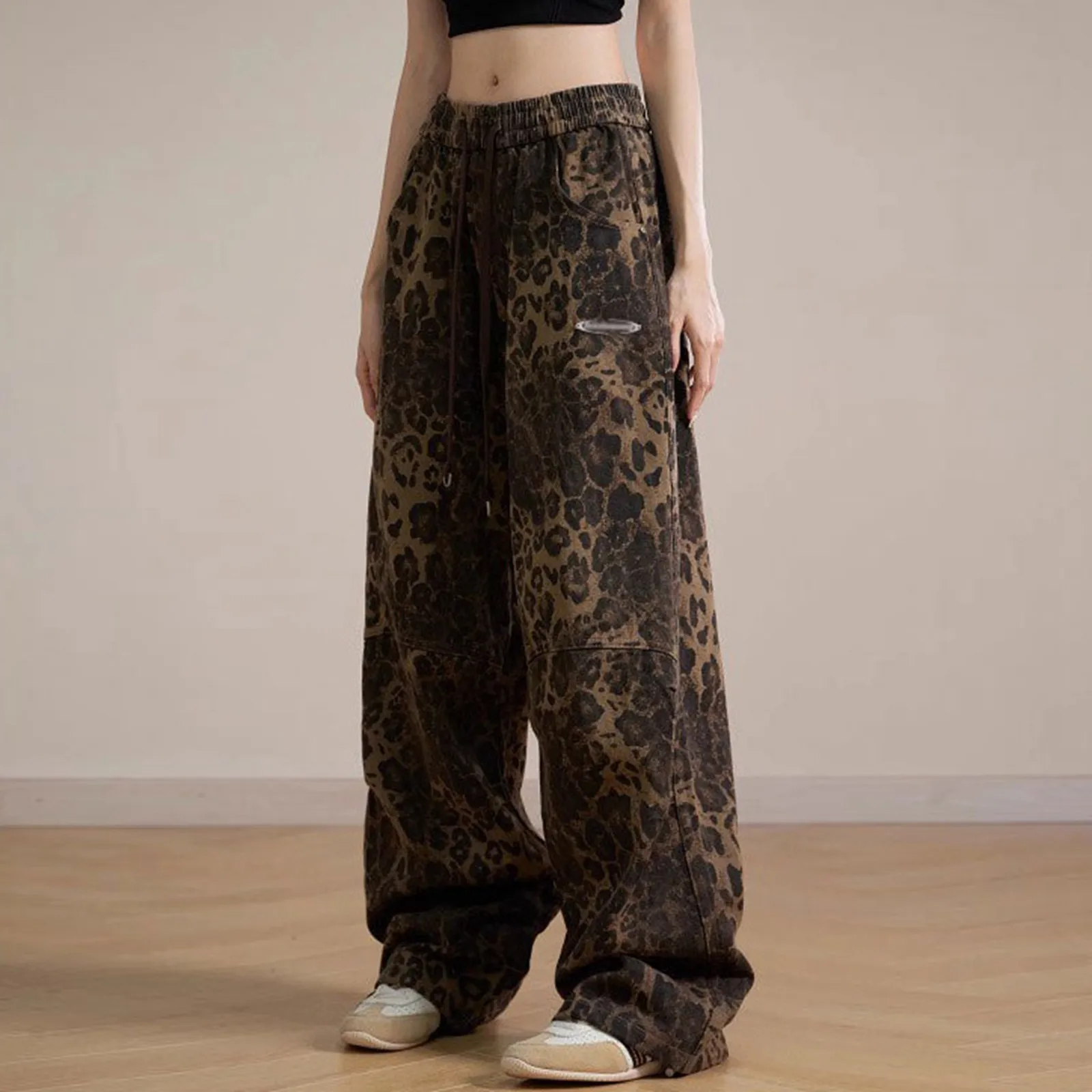 Y2k Leopard Print Women Pants 2024 Autumn Chic Loose High Waist Wide Leg Panther Panty Ladies Fashion High Street Jean Trousers