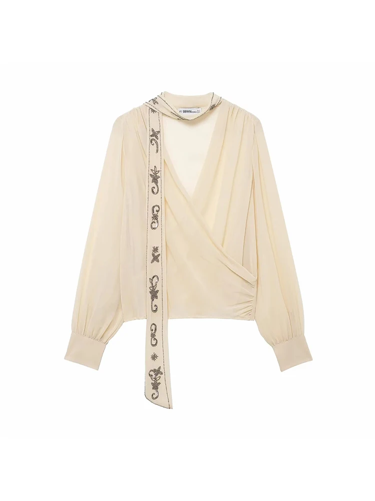 

Женская сексуальная модная элегантная вечерняя повседневная рубашка, элегантный шикарный женский шарф, рубашка с v-образным вырезом и длинными рукавами