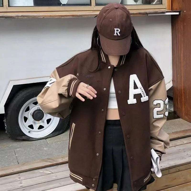 

American Sle Women's Fce Lined Thiened Jaet Outerwear High Street Baseball Coat Winter Student College Sle Loose Fit