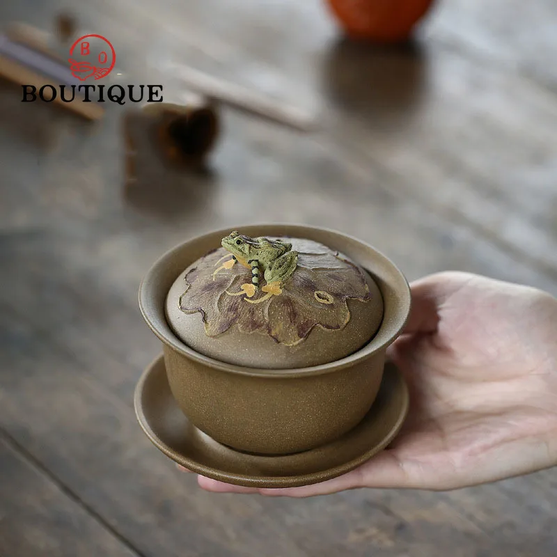 170ml Yixing Purple Clay Gaiwan Frog Croak Zisha Teaset Chinese Teaware Tureen Lid Bowl Saucer Tea Brew Tea Cup Customized Gift