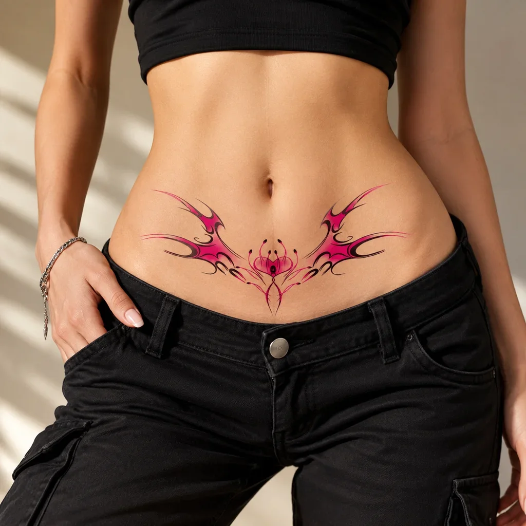1 Sheet Per Pack Sexy Temporary Tattoo Sticker Pink and Black Waterproof Long Lasting Tribal Floral Waist for Women