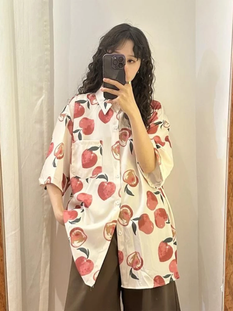 ADAgirl Japan Style Honey Peach Print Beach Wear Cardigan Cover Ups Blouse Femme Summer Oversize T-shirt Casual Tops Clothes