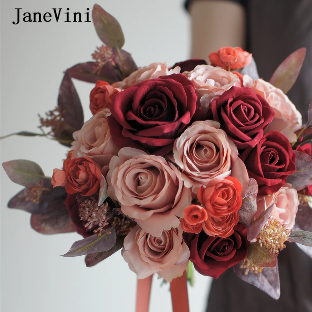 

Janevini Retro Wine Red Artificial Bridal Bouquets Rose Burgundy Orange Wedding Bride Holding Flowers Bouquets Buque Da Noiva