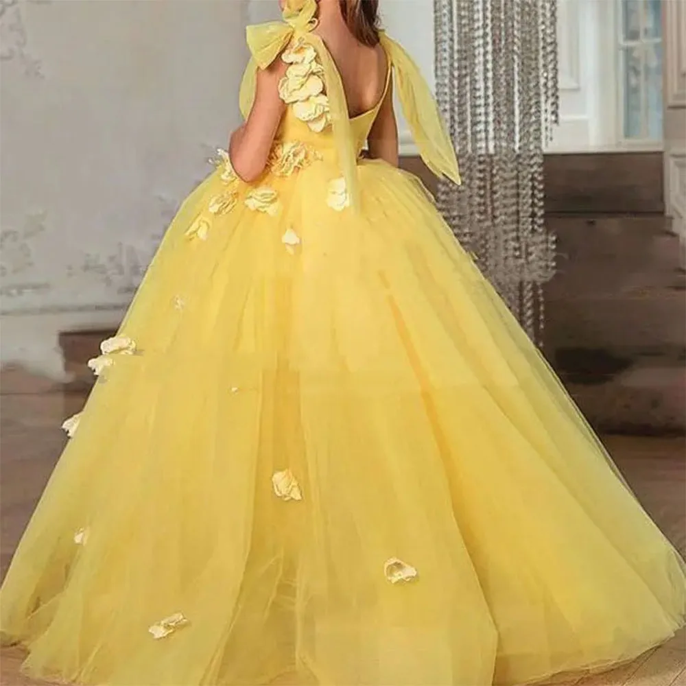 Vestido amarelo flor 3D para meninas, tule sem mangas, vestido de princesa inchado para crianças, festa de aniversário, primeira comunhão, vestido de baile