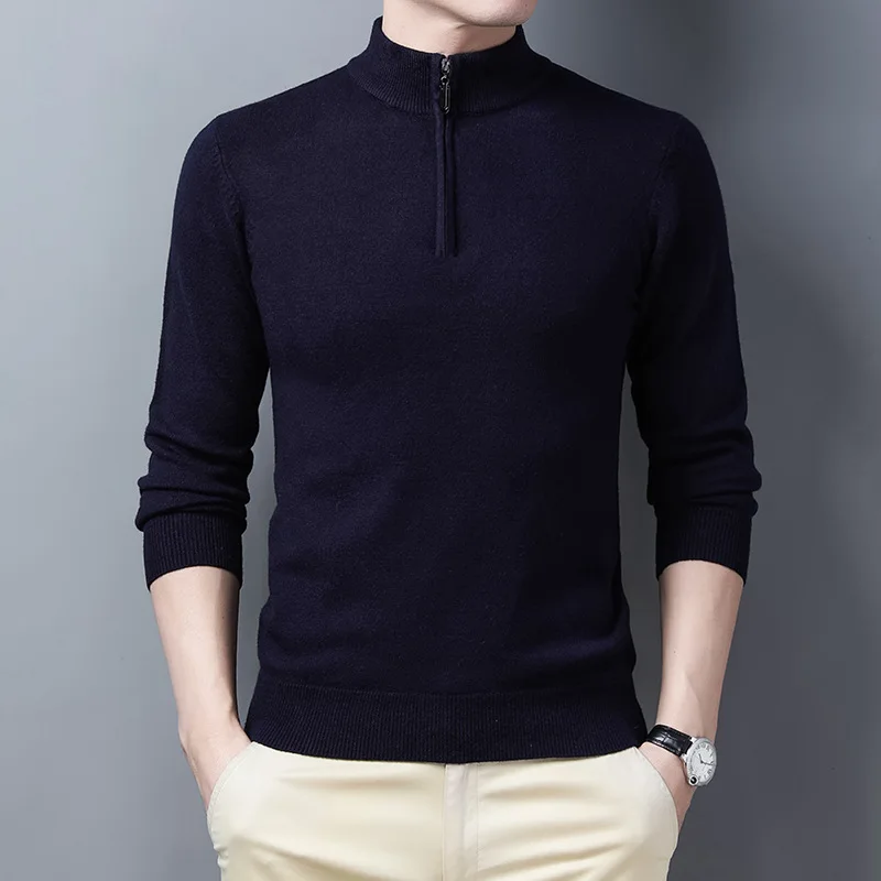 100% Soft Cashmere Men's Clothing Sweater Half-High Zipper Pullover Autumn Winter Warm Basic Knitted Jumper Pull Homme