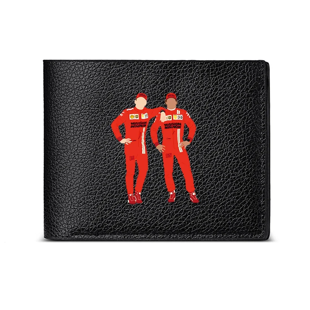 Racing Drivers In Red Suits Standing Together On Black Wallet With Fashionable Design For Casual And Business Use