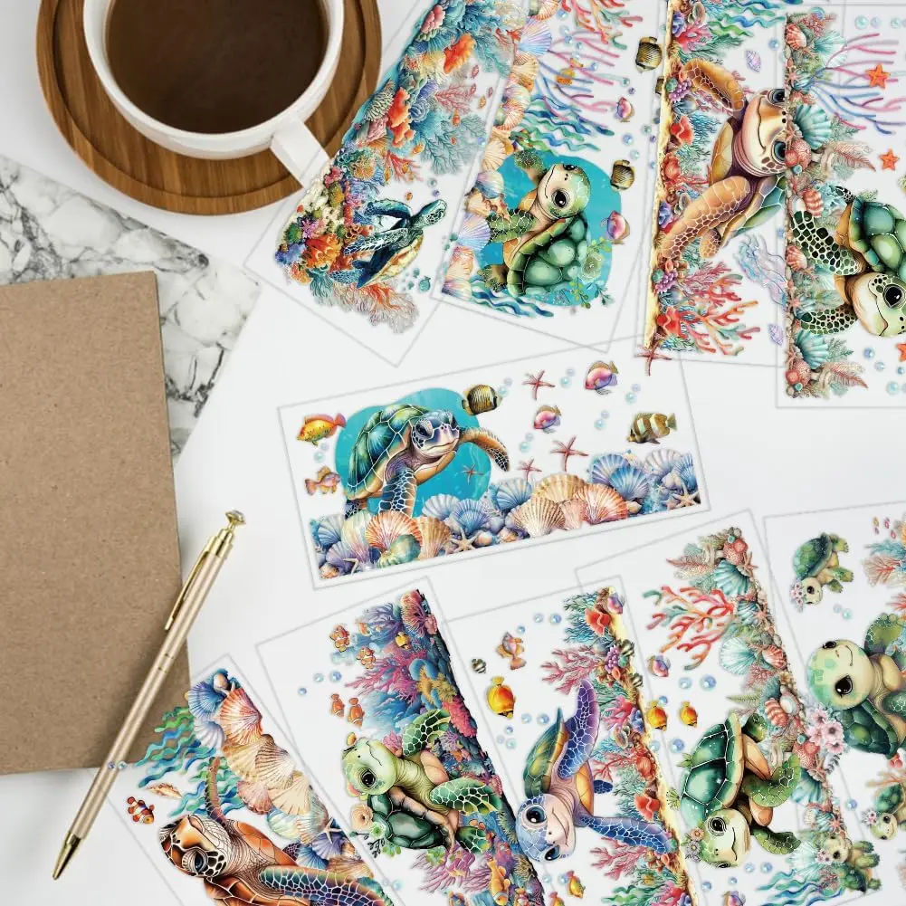 УФ-обертывания для чашек DTF, морская черепаха, рыба, водоросли, переводные наклейки из ПВХ, водонепроницаемые наклейки для стеклянных чашек 16 унций, сделай сам