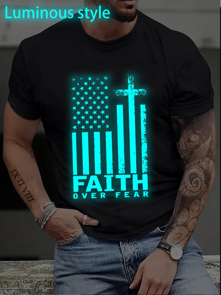 

Vintage America Pride Luminous Style T-shirts Men Women Short Sleeve O Neck 100% Cotton Tshirts US Flag Faith Over Fear Tees
