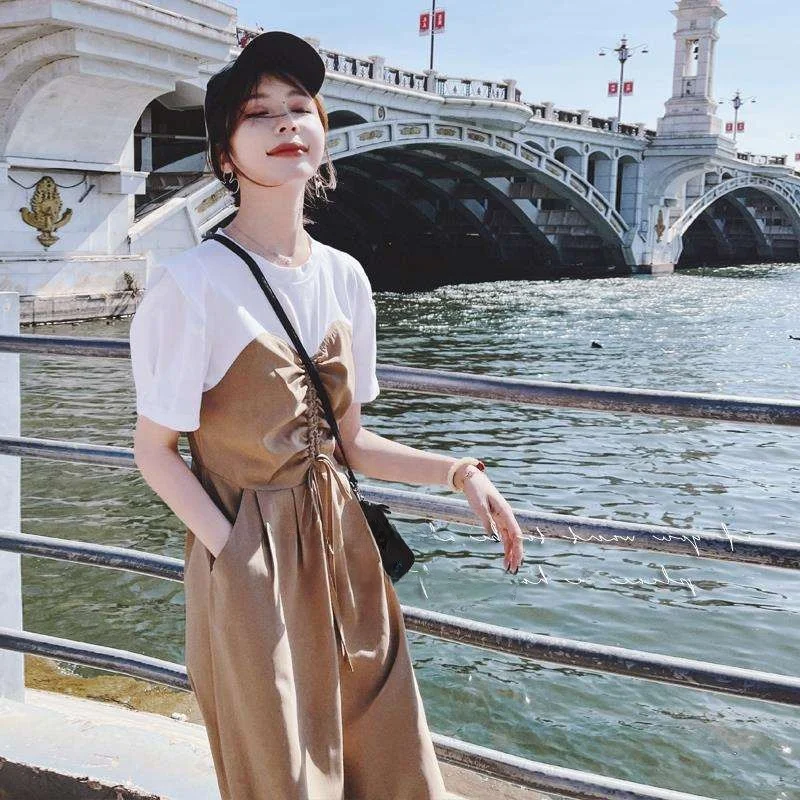 Faux deux pièces pour femmes, T-shirt à bretelles Dr, couture, taille haute, jupe trapèze, douce, couleur Pure, printemps été, coton