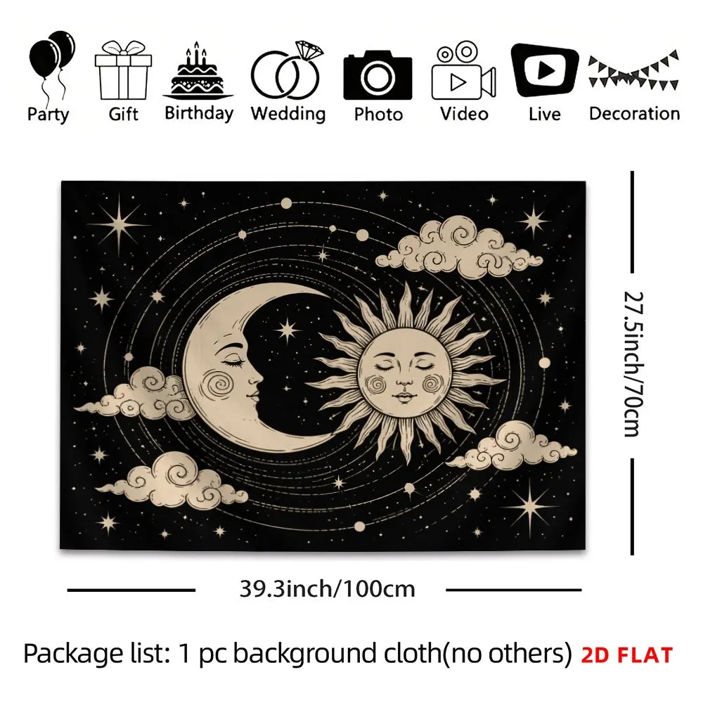Black Beige Sun Moon Face Tapestry, Star Cloud Celestial Pattern, Mystic Bohemian Wall Hanging for Bedroom Dorm Decor