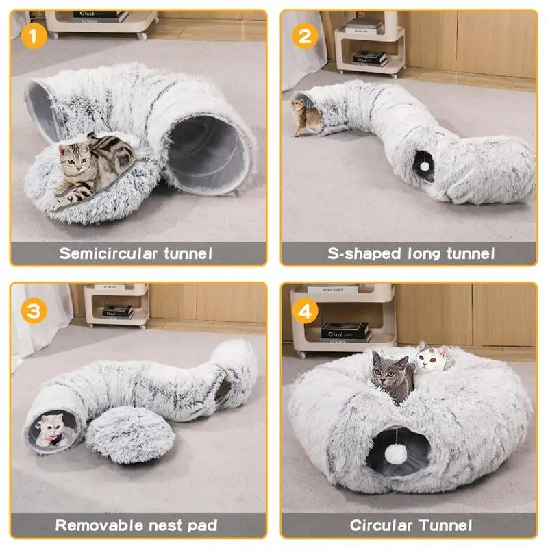 Plush Cat Bed With Tunnel Home Multifunctional Cat Toys Fluffy Donut Foldable Cat Passage Warm Cat Nest Universal Pet Supplies