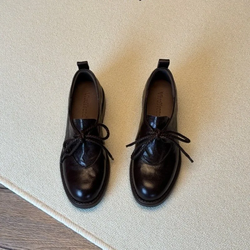 French Vintage Simple Lace-up Loafers Spring New Super Soft Kitten Heel Women's Single Shoes view 2