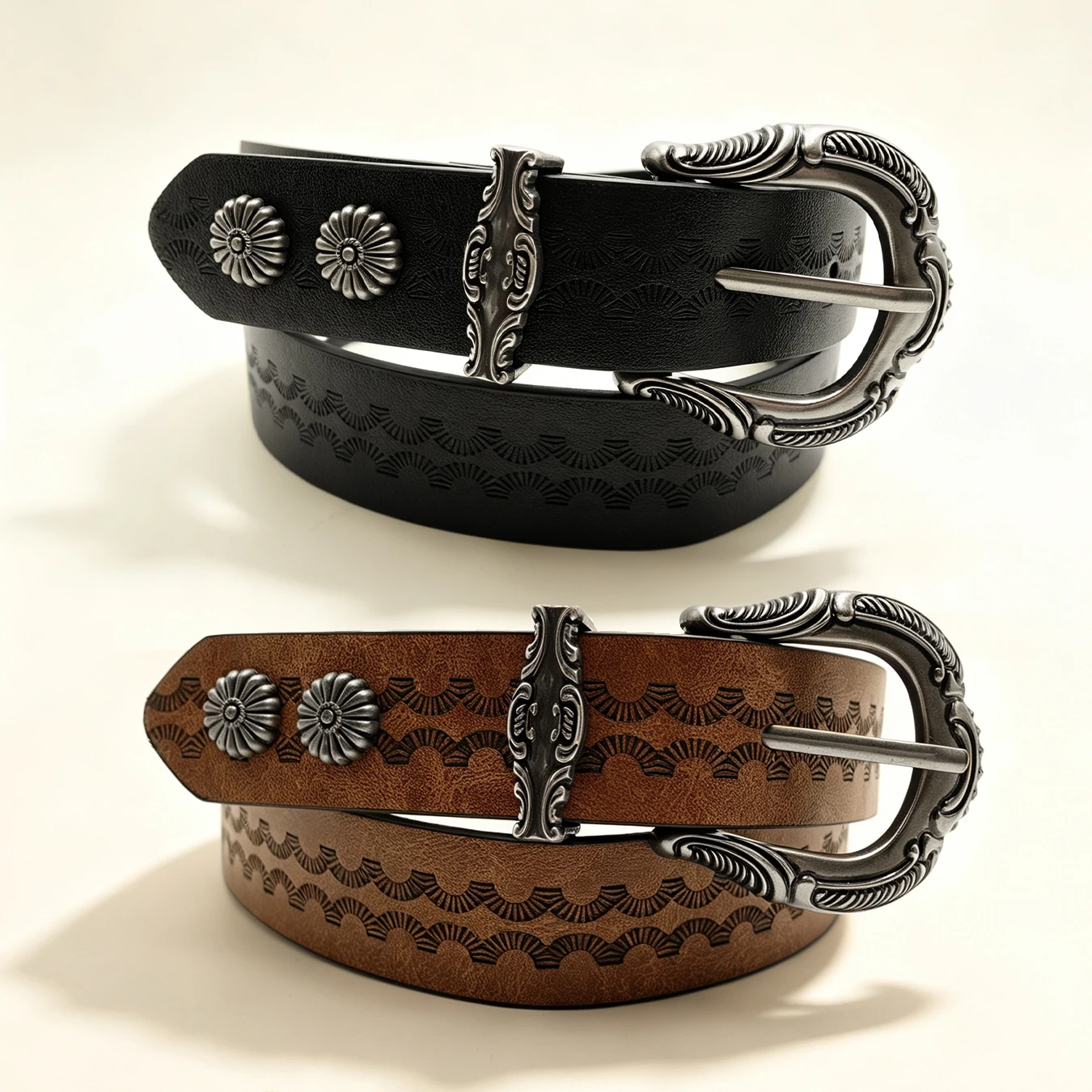 American Western Engraved Pin Buckle Pu Belt, Retro Embossed Rivet Decor Waist Belt Unisex for Jeans