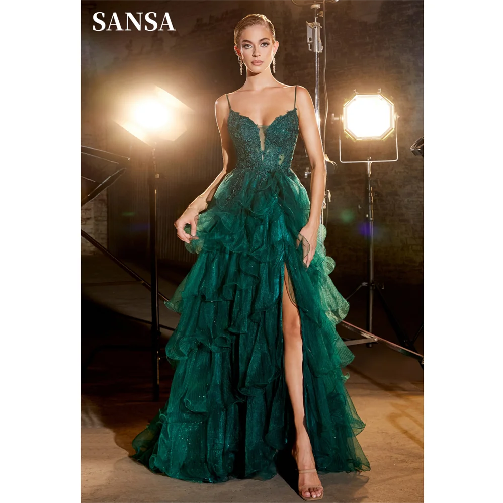 Sansa Lace Embroidery Edge Curl Prom Dress Elegant Dark Green Multilayer Vestidos De Noche Sexy Spaghetti Strap Party Dresses