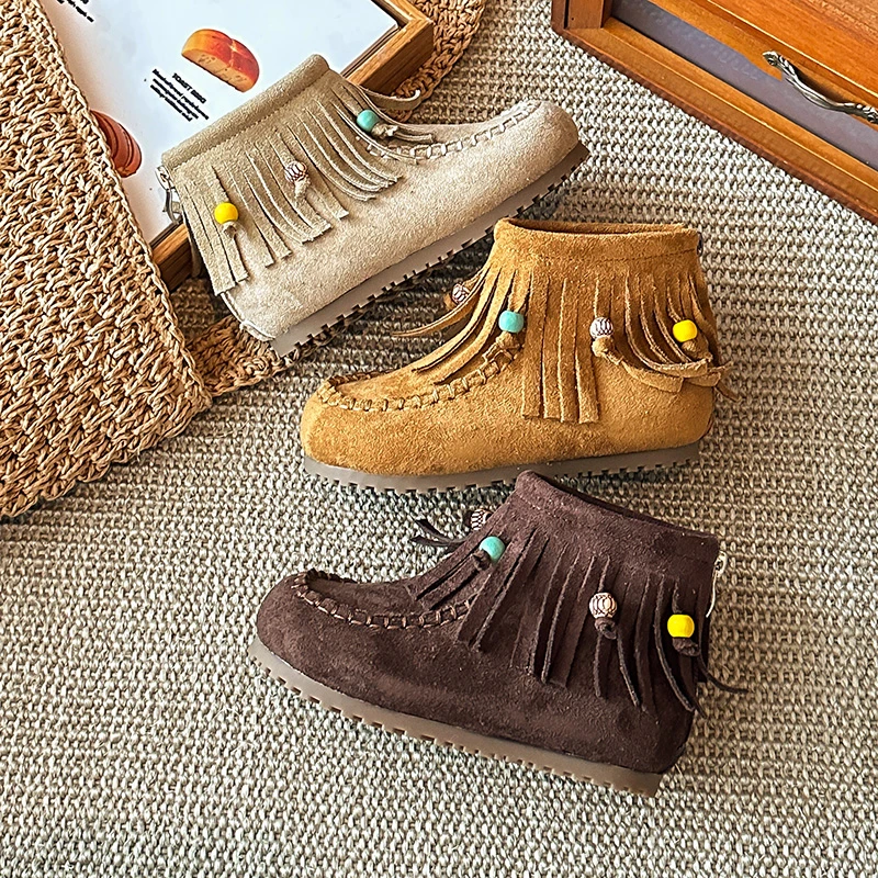 

Suede Leather Boots for Girls 2025 New Autumn Kids Ankle Boots with Cute Tassels Non-slip Classic Retro Kid Christmas Gift Boots