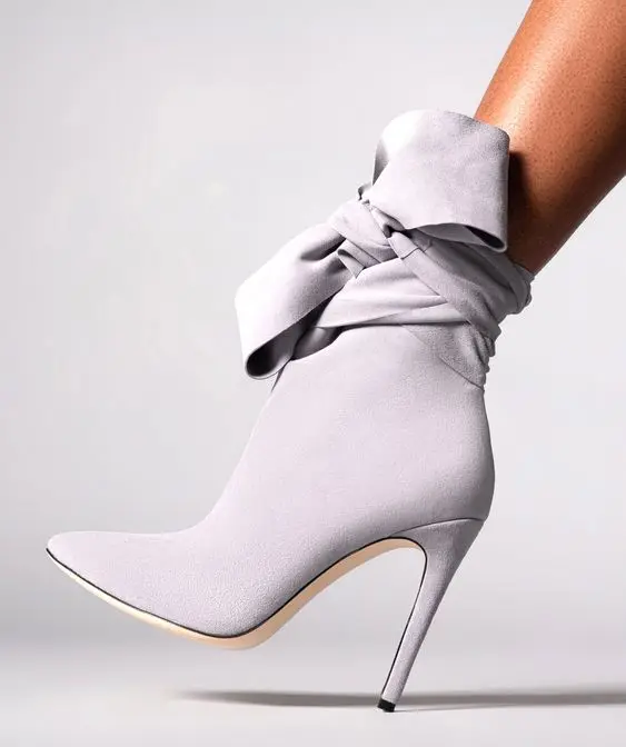 

Dress Leather Design Pointed Toe Bowtie Boots Women Ankle Suede Stiletto High Heel Booties Fashion Lady Shoes 2024