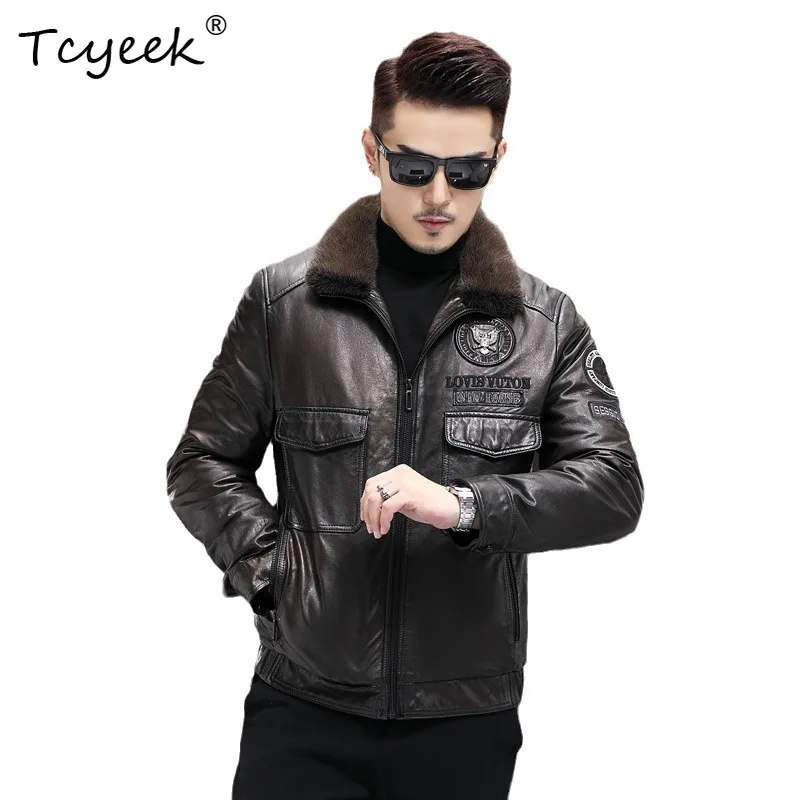 

Tcyeek Real Sheepskin Autumn Winter Trendy Lapel Mink Fur Detachable Goose Down Inner Liner Men's Genuine Leather Jacket 가죽자켓