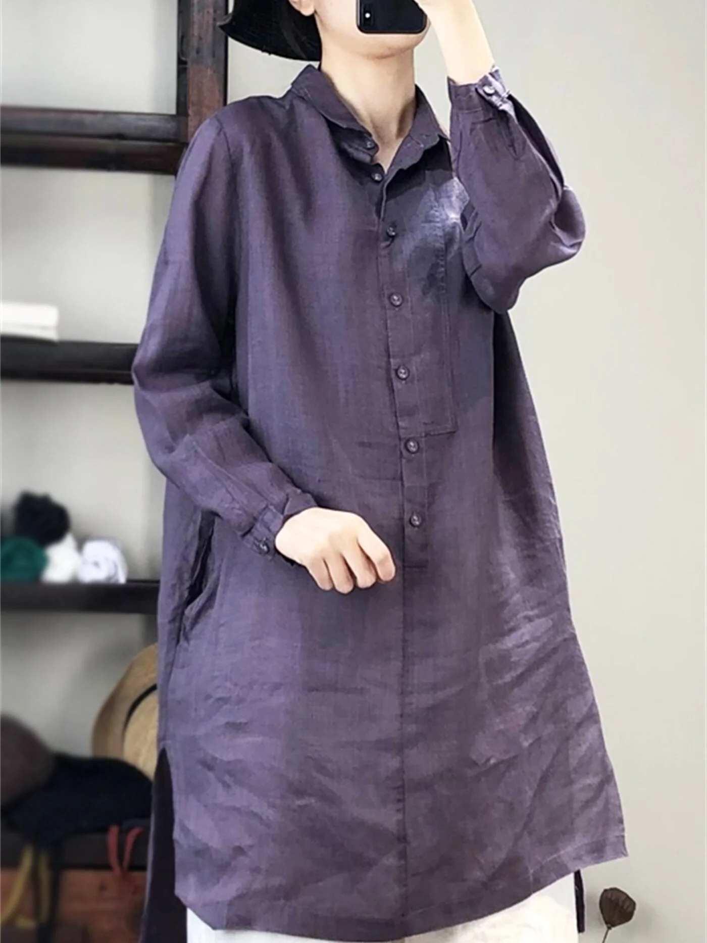 High-End Women's Artistic  Color Loose Fit Long Sve Cotton Linen irt Overhead Sle Korean Commute Faion