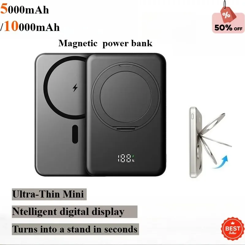 

10000mAh Slim Mini Magnetic Wireless Power Bank PD 20W Fast Charger Stand Portable External Battery For iPhone Samsung Huawei