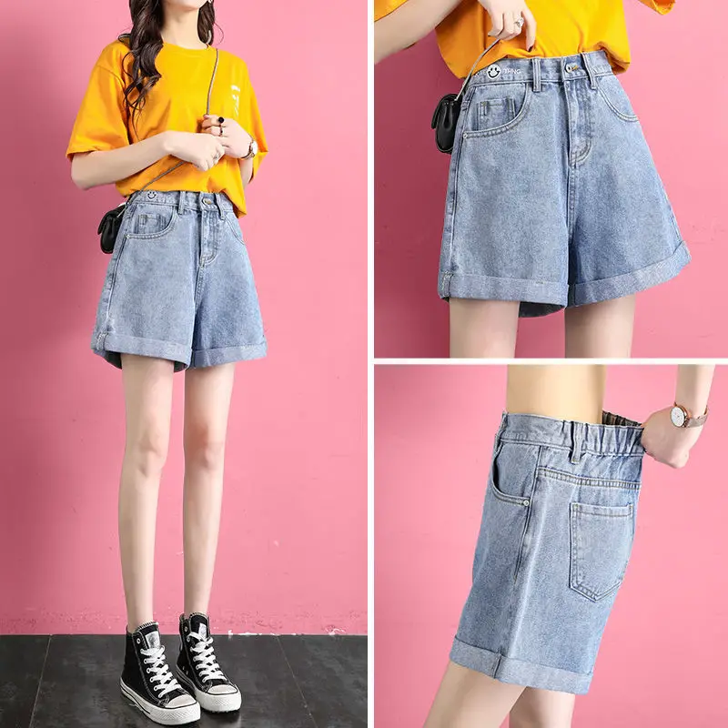 2023 Summer New High Waist Denim Shorts Elastic Waist Wide Leg Slim A-line Pants Korean Version Hot Pant Trend