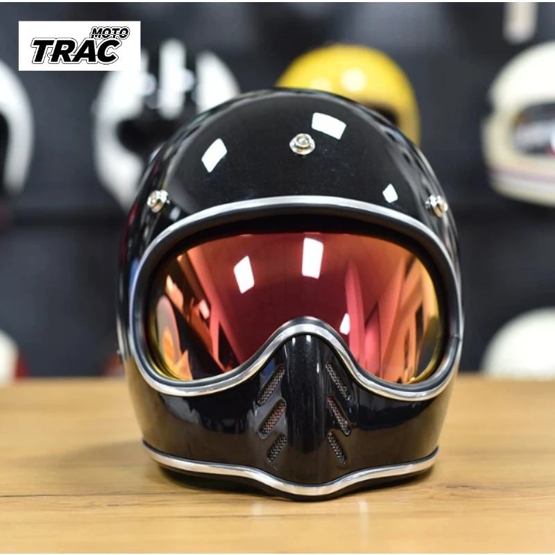 Retro Motorcycle Pointed Nose Small Helmet Chrome Silver Rim  Fiberglass Helmet Four Season Full Face Helmet for Men and Women
