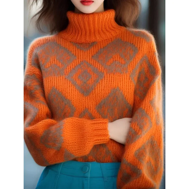 سترة جميلة محبوكة بلون اليقطين بياقة عالية مطرزة باللون البرتقالي سترة خريف وشتاء ملابس تريكو نسائية عصرية #2