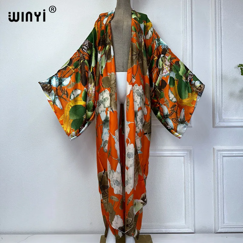 

2024 WINYI Summer print Beach Wear Swim Suit elegant Africa women boho Cardigan sexy Holiday long Sleeve Kimono fashion abaya