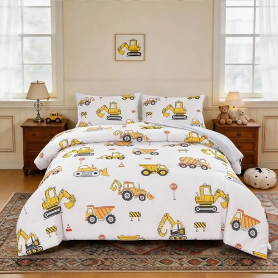 

Construction Bedding Sets for Boys Cartoon Cars Excavator Tractor Comforter Sets 3 Pcs Lightweight Microfiber Truck Bed Set for