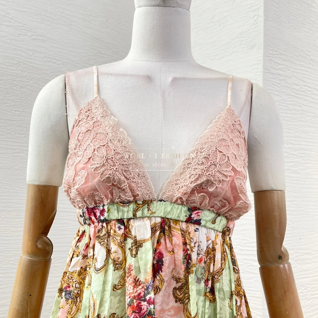 Rosa-grünes, ärmelloses, rückenfreies Minikleid mit Blumendruck und Spitze, 2025, neues Design