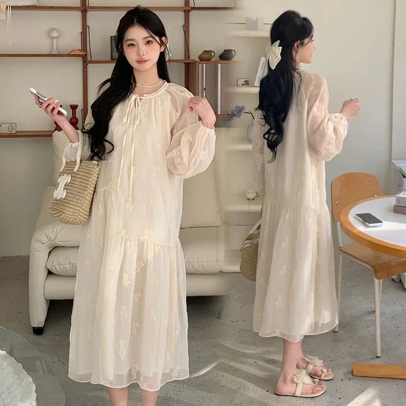 Korean Style Fashion Maternity Lace Dress Drawstring O-neck Floral Embroidery Pregnant Woman Chiffon Dress Sweet Princess Dress