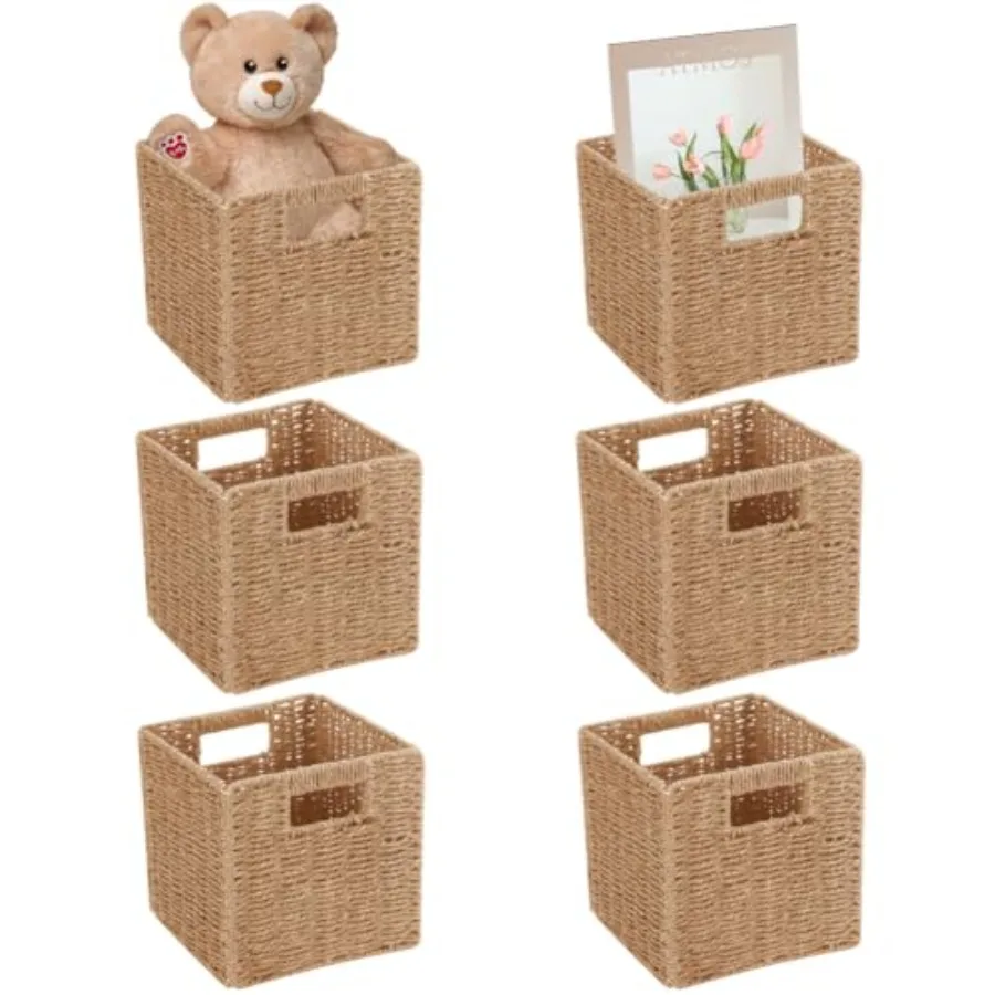 

6 Pack 8.7 Inch Wicker Baskets, Hand Woven Paper Rope Storage Baskets, Foldable Cube Storage Bins Organizer Square Wicker Cubes