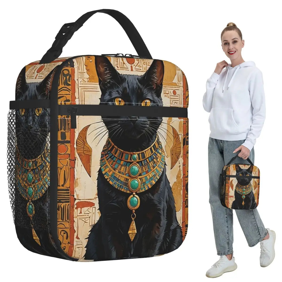 Isolierte Lunchtasche mit ägyptischem Katzenmuster für Kinder, Schulkühler, Thermo-Lebensmittelbox, tragbare Lunchboxen, Behälter