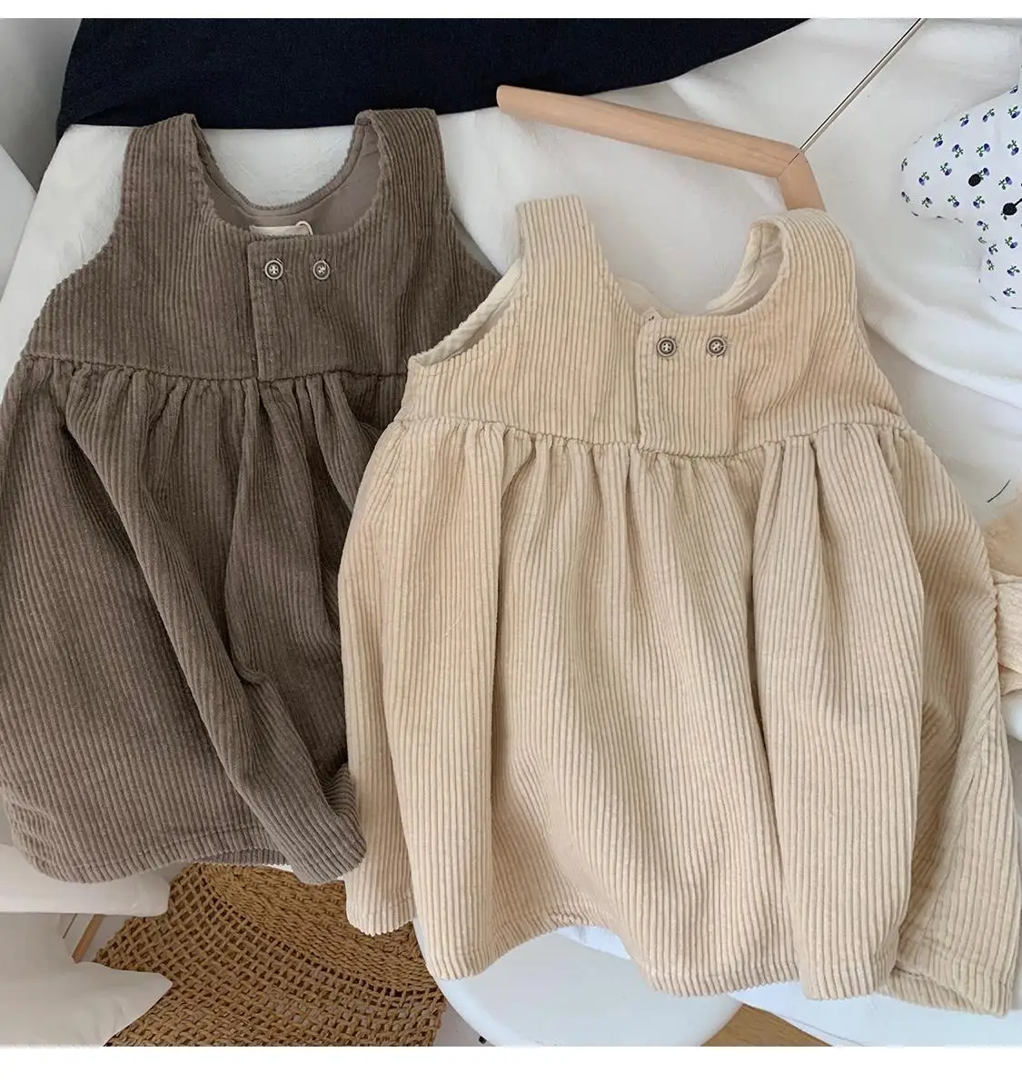 Baby Girls Sleeveless Dress Spring and Autumn New Baby Corduroy Dress Children\'s Lapel Loose Dress+T-shirt Set Kids Clothing Set