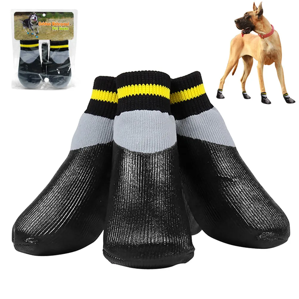 1Set Waterproof Pet Dog Socks Winter Rubber Anti-Slip Shoes Rain Snow Booties Black Size 4 Small Puppies Winter Shoes