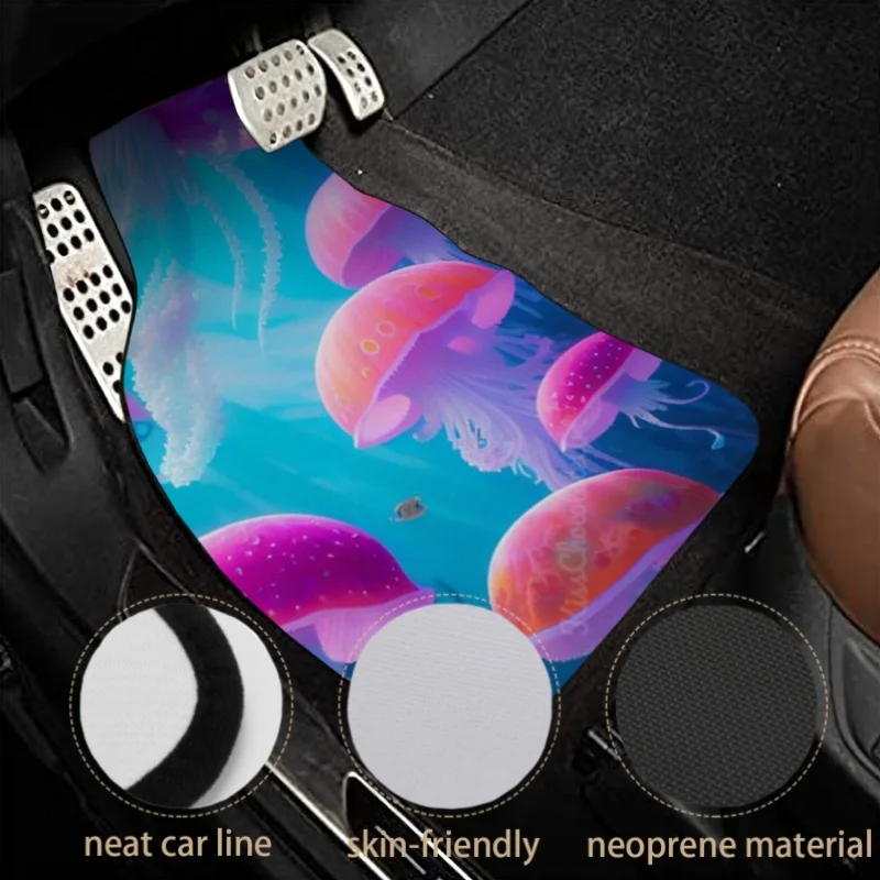 Set Of 4 Non-Slip Car Floor Mats Featuring Oceanic Jellyfish Design, Suitable For Front And Rear Use. These Decorative Carpets A