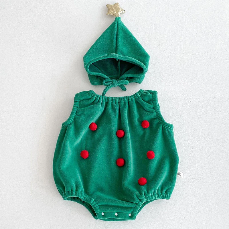 2024 New Christmas Costume Newborn Baby Boys Girls Bodysuits+Hat New Year Clothing Set Infant Baby Boys Girls Velvet Jumpsuit