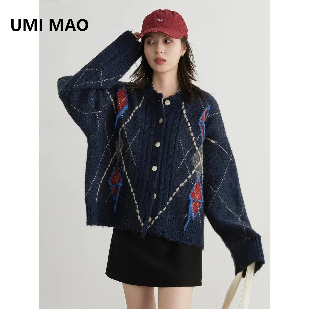 

UMI MAO Women's Knitted Cardigan Warm Loose Vintage Sweater Colorful Diamond Pattern Female Jumpers Autumn Winter Clothes