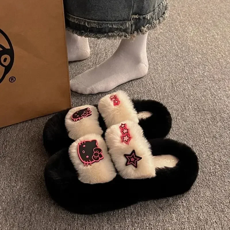 sanrio Hello Kitty furry slippers Lovely cartoon thick sole outer wear shoes Cute Girl Heart home height increasing cotton shoes