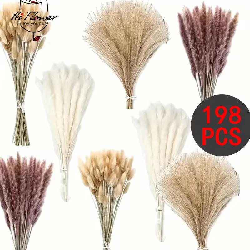 

198PCS Pampas Grass Dried Flowers Boho Decoration Home Farmhouse Country Wedding Room Table Decoration Bouquet Bunny Tail Grass