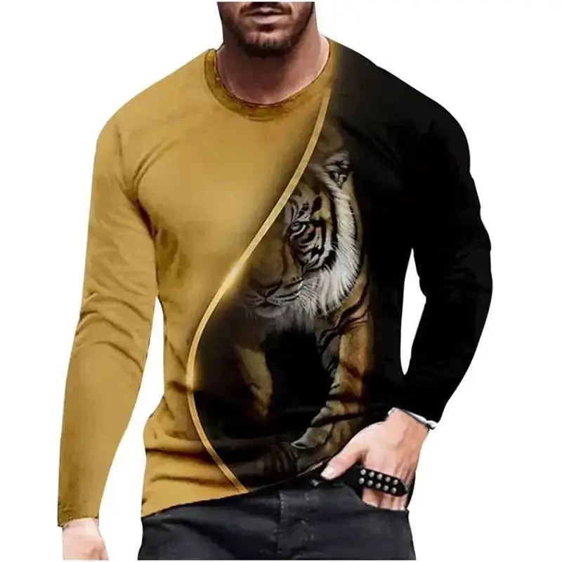 

Men Spring Fashion Animal Lion Tiger Cat Print T-Shirt Personality 3d Printing Cool Street Casual Loose Round Neck Long Sleeves