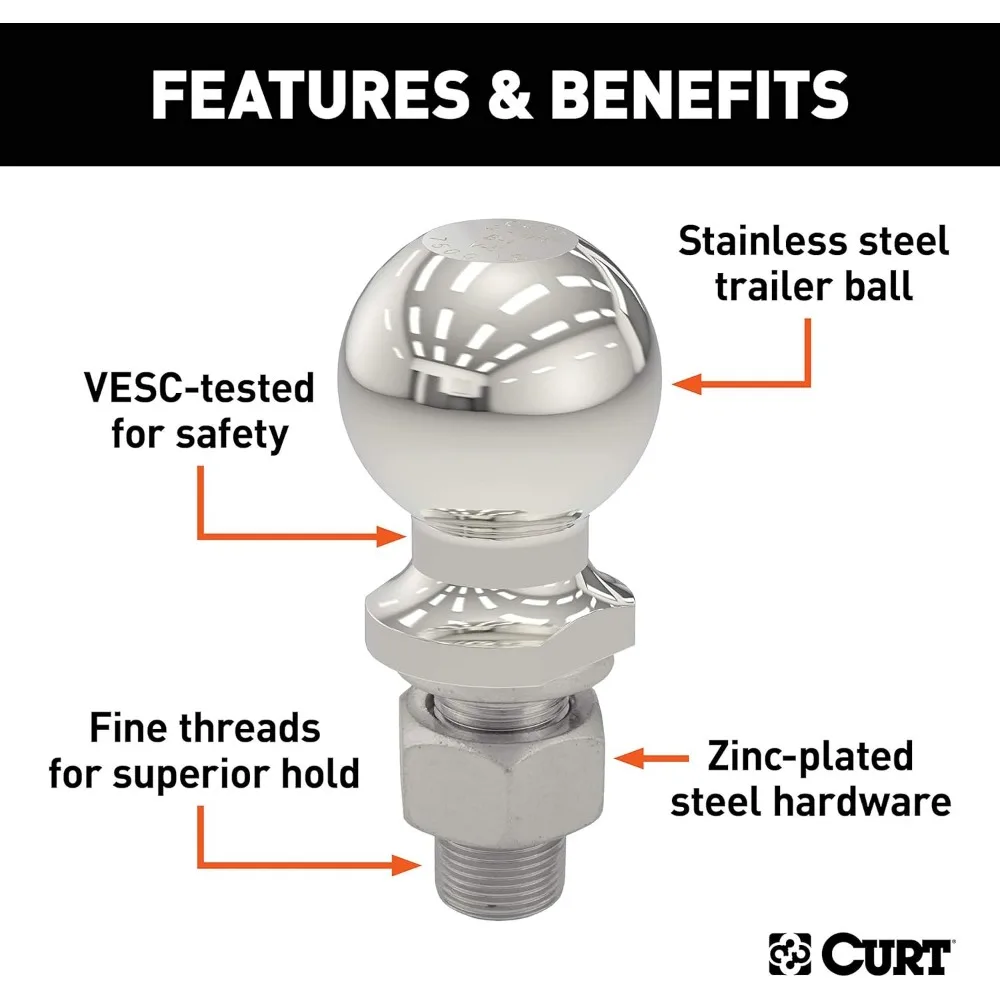 Stainless Steel Trailer Hitch Ball, 10,000 lbs Capacity, 2-Inch Diameter with Secure Shank for Reliable Towing