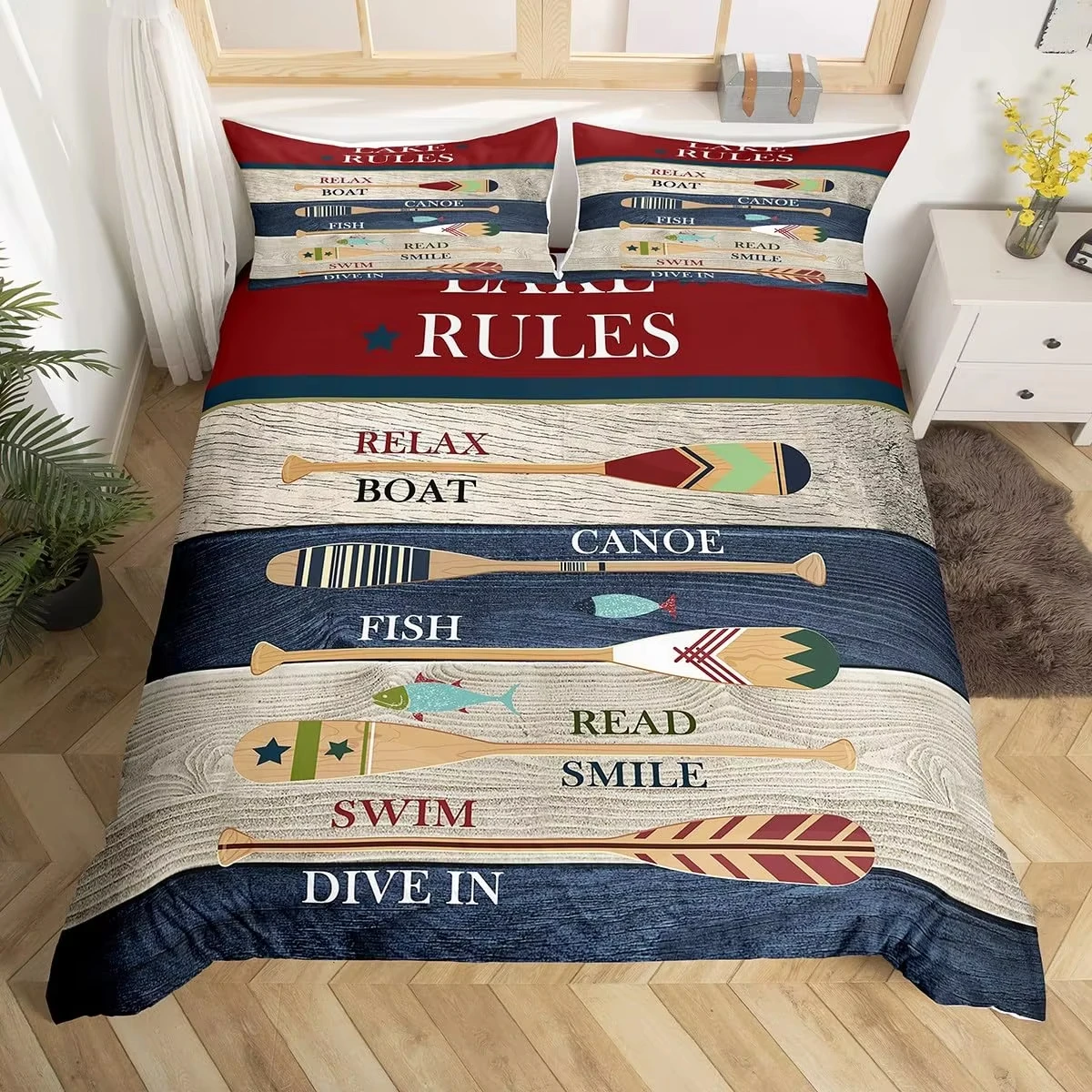 Lake House Decor Bedding Set, Lake Paddle Duvet Cover Queen Vintage Cabin Comforter Cover Rustic Farmhouse Wooden Quilt Cover