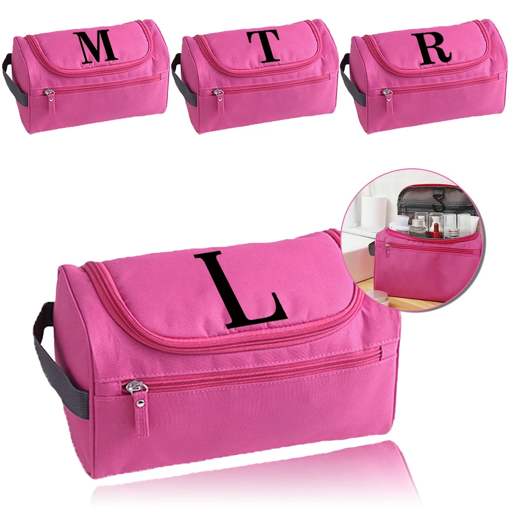 Fashion Hanging Toiletry Bag Handheld Cosmetic Pouch Multi‑Zipper Storage Black Letter Pattern Wash Bag Travel Holiday Outdoor