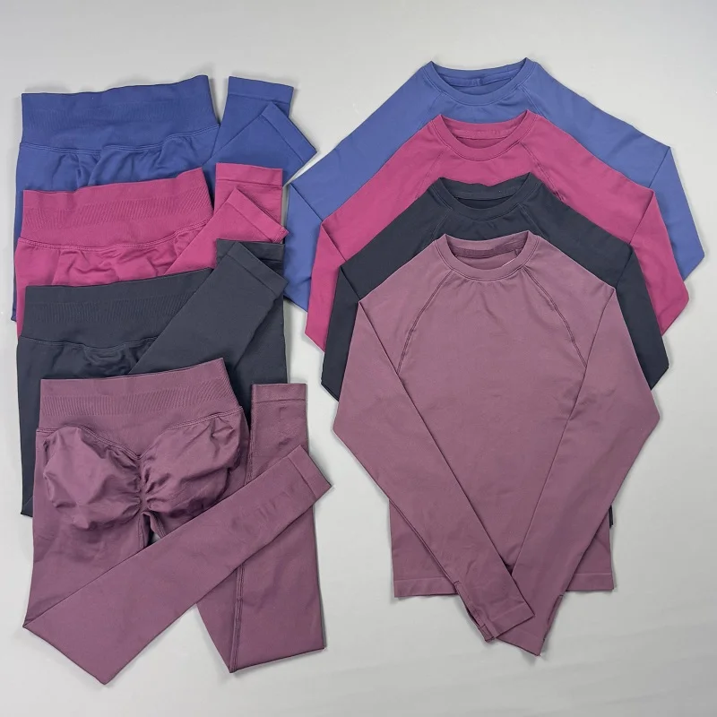2Piece Gym Set Women Long Sleeve Top Seamless Butt Lift Leggings Suit Breathable High Elastic Outfit Sports Running Fitness Sets