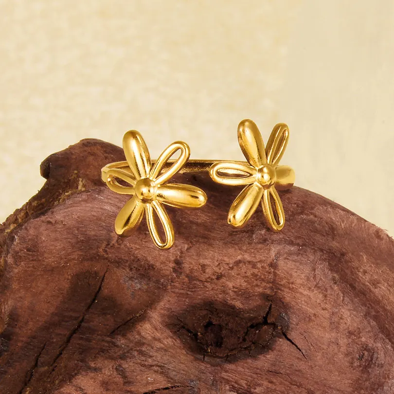 5pcs Vintage Personality Coral Stainless Steel Gold/Silver Color Mix Ring Crown Flower Open Adjustable High Quality Accessories
